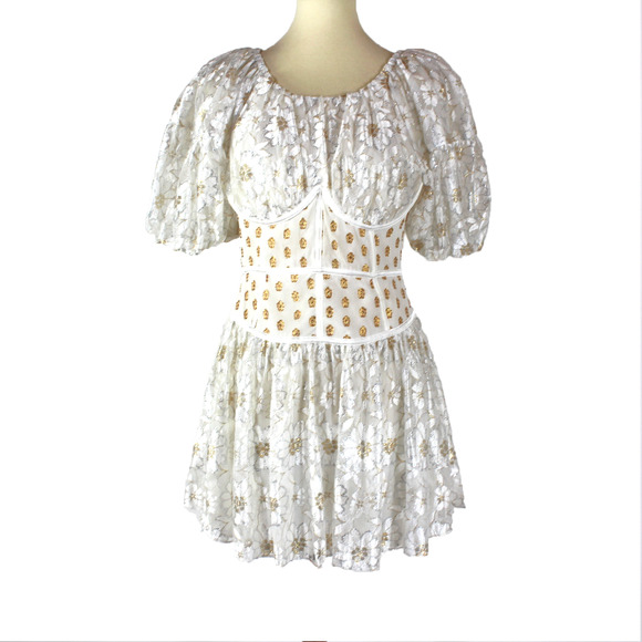 For Love & Lemons Lupita Mini Dress NEW White Gold Corset Shimmer Floral Lace L - Picture 2 of 8
